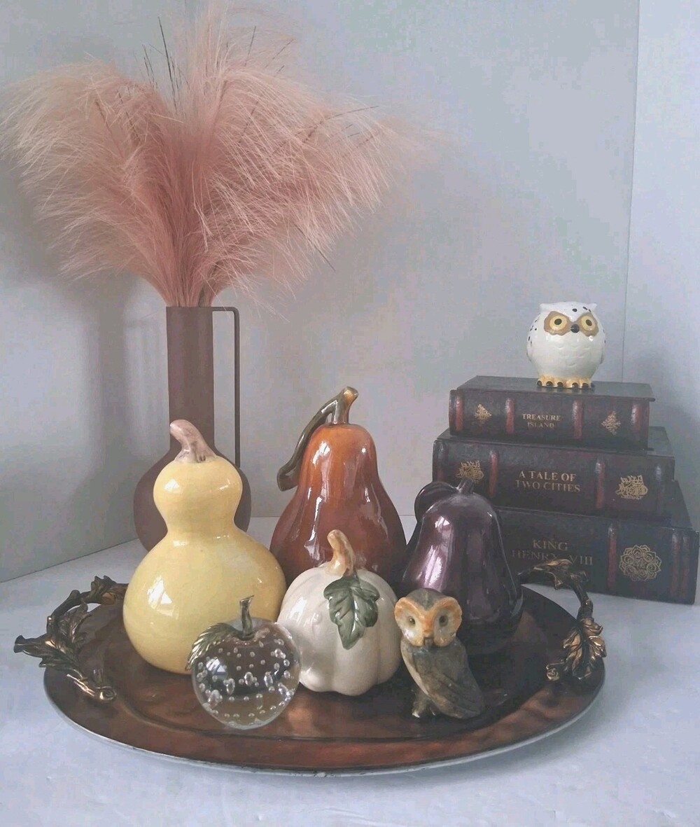 VTG Pier 1 Serving Tray Set, Fall Centerpiece Gourds,Marble Owl Lot